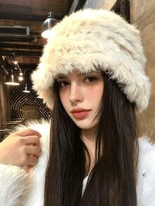 1件人造兔毛可調節水桶帽，女款秋冬百搭保暖大頭圍水桶帽，純色毛絨水桶帽 - 絨毛 - 查看 7