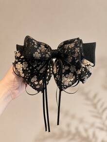 topshiny Black Floral Chiffon Bow Snap Hair Clip With Long Ribbon Tail, Elegant Chiffon Bow French Style Hair Clip, Ponytail Hair Accessory For Women - Black - View 7