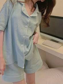 2 件套女士薄荷绿色宽松短款睡衣套装，适合家居服，两件套 - 薄荷綠 - 查看 4