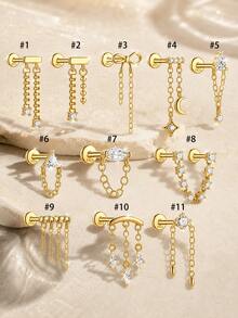 1pc 925 Sterling Silver Women's Navel Ring With CZ Pendant Chain Tassel Belly Piercing Jewelry, Mini Cute Sexy Body Piercing Stud - Single - View 2