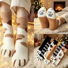 5 Pairs Women's Thick Warm Cat Paw Pattern Socks, Comfortable Breathable Coral Stripe Cute Design Floor Socks, Suitable For Cold Weather - Crew Socks - View 1