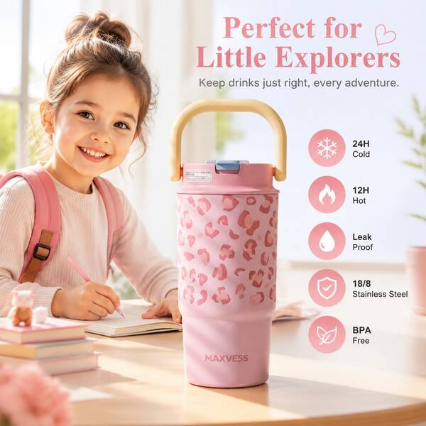 650ML Pink Leopard Print Kids Insulated Water Bottle, Stainless Steel Vacuum Cup, 24 Hours Long-Lasting Cold Retention, 12 Hours Continuous Heat Retention, Leak-Proof Straw Lid, Portable Handle, Fits Easily In Backpack, Suitable For Girls School, Outdoor Trips, Camping, Commuting. Double-Wall Insulation No Condensation, Durable And Easy To Clean, Designed For Little Explorers, High-Value Girly Style Water Bottle, Ideal Daily Travel Kids Insulated Water Bottle, Perfect For Gifts And Personal Use