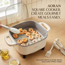 AORAN All-In-One Square Electric Cooker, Ceramic Non-Stick Electric Skillet Hot Pot With Stay-Cool Handles, Glass Lid, Bonus Silicone Cooking Tools For Steaming, Frying, Braising & Hotpot - US A Type Plug(110-127V) - View 9