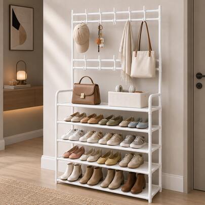 Multi-Functional Shoe Rack With Coat Hooks, 5-Tier Freestanding Shoe Shelf For Entryway, Heavy-Duty Shoe Organizer For Sneakers, Bags, Hats & Keys, Metal Frame, Space-Saving For Hallway, Closet & Bedroom