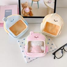 1pc Smiling Face Plush Mini Bag, Clear Visible Window Doll Display Storage Pouch, Backpack Style Portable Hanging Carry Bag, Multi-Functional Organizer Case For Mini Plush Doll, Coins, Earphones, Lipstick - Storage Bag - View 6