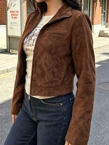 Jaket Pendek Wanita Warna Cokelat dengan Kerah Tegak dan Saku - Coklat - View 4