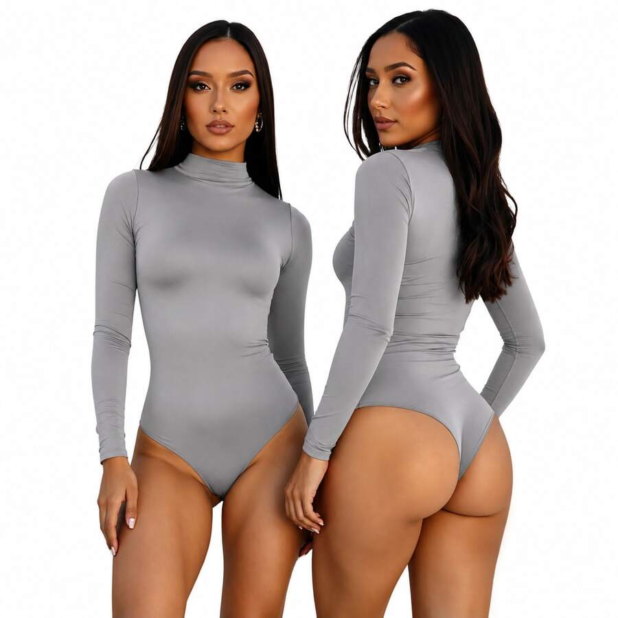 Body Feminino Básico em Suplex, Gola Alta, Manga Longa, Elasticidade Premium, Moda Casual e Social - Cinza - Visão 1