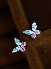 1 Pair S925 Sterling Silver Blue & Purple Contrast Color Marquise Zirconia Fresh Gradient Butterfly Stud Earrings Niche Exquisite Jewelry - Butterfly - View 6