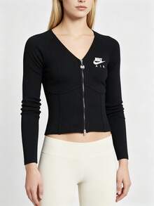 Nike Sportswear Logo Embroidered Fishbone Double Zipper Slim Fit V-Neck Long Sleeve Jacket For Women - Black - View 1
