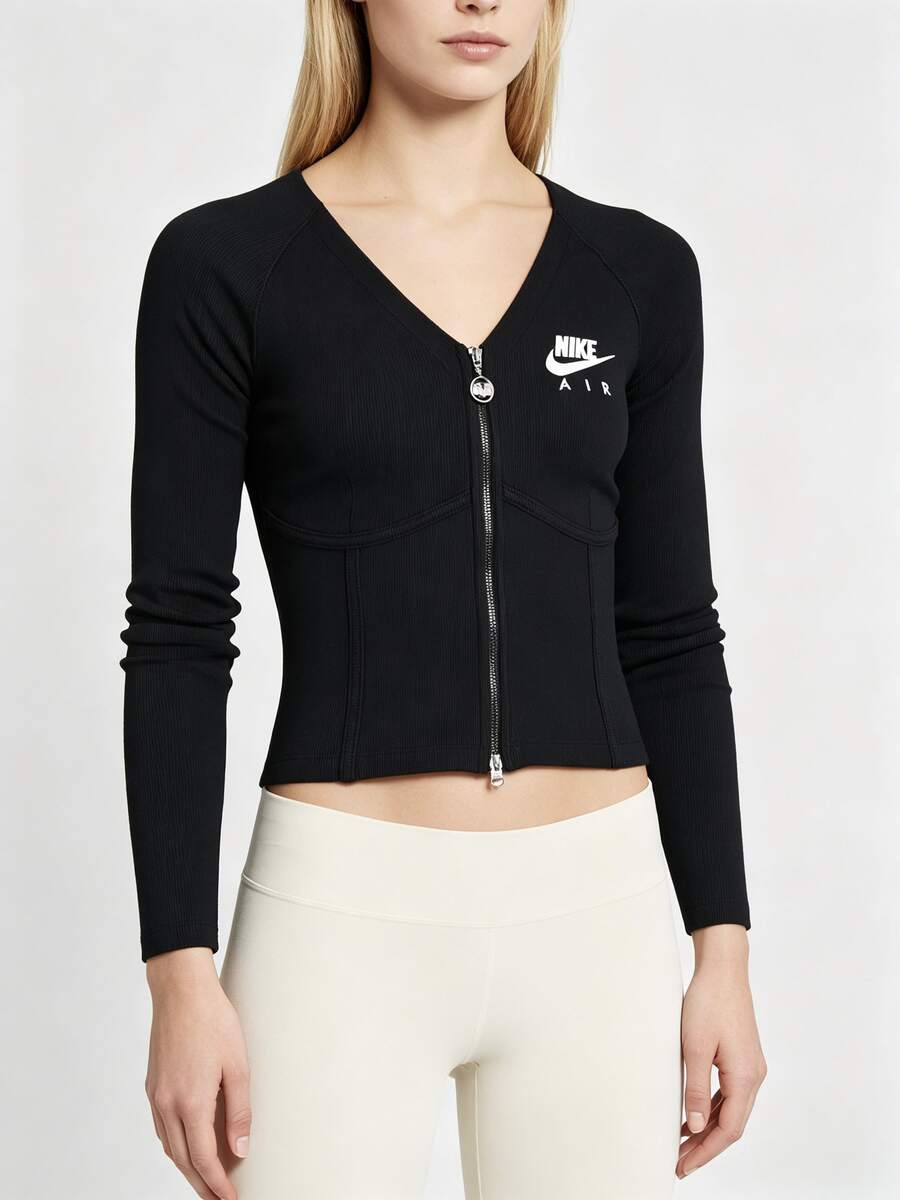 Nike Sportswear Logo Embroidered Fishbone Double Zipper Slim Fit V-Neck Long Sleeve Jacket For Women - Black - View 1