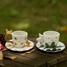 1pc Cute 3D Animal Ceramic Mug With Tray, Hand-Painted Squirrel And Pigeon Forest Style Coffee Tea Cup, Handmade Porcelain Drinking Cup, Unique Gift For Women - Multicolor - View 8