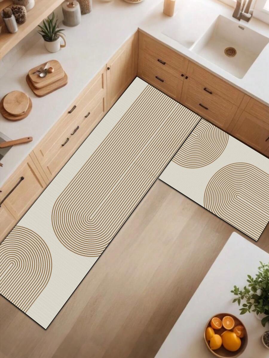 SANJIANGDI 1pc Of Beige, Arched, Striped Pattern Rubber Mat With A Soft Cushion, Easy To Absorb Water And Clean. Suitable For Use In Kitchens, Bathrooms, And Other Areas. It Is Versatile Throughout The Year And Suitable For Various Holidays. - Multicolor - View 1
