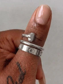 2pcs/Set Luxury Exquisite Floral Ring & Cross Ring, Full Zirconia Ring Set, Stackable Rings, 18K Stainless Steel Unisex Rings, Gold & Silver Dual Color Options, Size 6-10, Wedding Rings, Wedding Season Gift, Couple Jewelry, Waterproof & Fade-Resistant, Long-Lasting Color - Multicolor - View 3