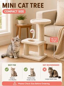 Árbol para gatos mini de 16 pulgadas, adecuado para gatitos y gatos pequeños, torre compacta con poste rascador, plataforma de descanso de felpa y juguete de ratón colgante, color beige - Blanco - Ver 2