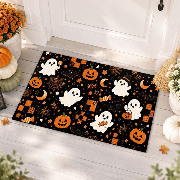 1pc Halloween Ghost & Pumpkin Print Door Mat, Black & Orange Cartoon Anti-Slip Rug, Suitable For Front Door, Entryway, Kitchen, Bedroom And Holiday Home Decor