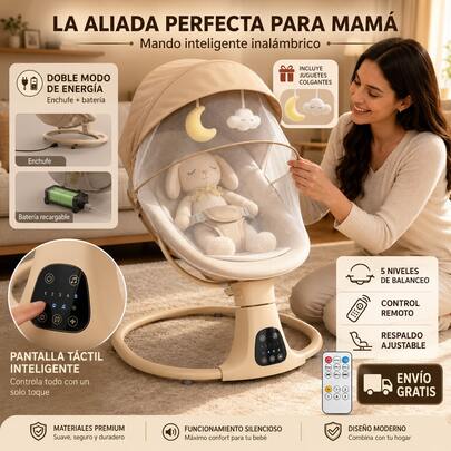 Mecedora eléctrica inteligente para bebés, longitud extendida, modo de alimentación, modo de batería, cinco velocidades, música por Bluetooth y mosquitera,Envío local