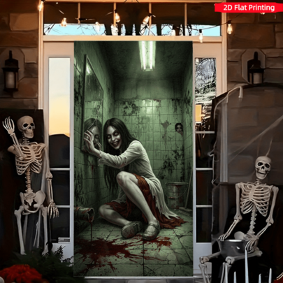 Banner phẳng 2D 1 cái vải treo phòng tắm ma kinh dị Halloween, rèm cửa in họa tiết gương vỡ đáng sợ và vết máu, phù hợp trang trí không khí tiệc Halloween, phông nền phòng thoát hiểm chủ đề kinh dị, phông nền tường trong nhà, chất liệu polyester