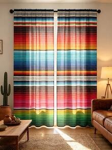 2pcs Digital Printed Curtains, Mexican Style Colorful Striped Print, Bohemian Style Curtains - Multicolor - View 1