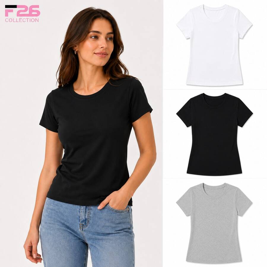 F26 Women's Basic Crew Neck T-Shirt - 黑色 - 查看 1