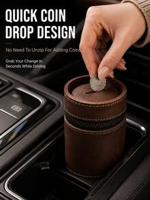 Vintage PU Coin Purse, Portable Round Zipper Coin Wallet & Mini Coin Storage Box, Fits Car Cup Holder, Retro Coin Organizer - A - View 9