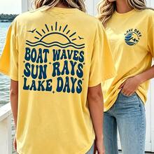 Cotton T-Shirt-[Double-Sided Print]Boat Letter Print Short-Sleeve Round Neck T-Shirt-Short Sleeve Crew Neck T-Shirt-Vacation Outfits Women-Summer Tops - 黃色 - 查看 2