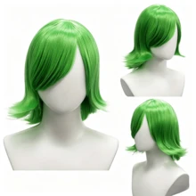Wig Cosplay Anime Disgust – Rambut Pendek Hijau Terang dengan Poni Samping & Ujung Keriting untuk Halloween, Konvensi Anime, Permainan Peran, Kostum Pesta - Hijau - View 9