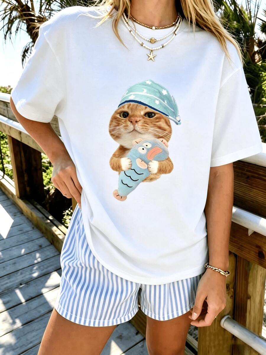 Women's 100% Cotton Short Sleeve T-Shirt, Skin-Friendly And Breathable, Suitable For All Occasions, European-American Style, Versatile And Comfortable - White - View 1