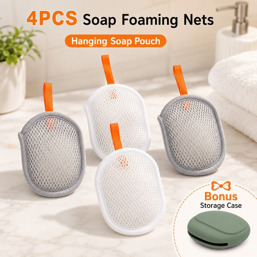 5pcs Set (4 Soap Foaming Nets With Hanging Rope + 1 Portable Storage Box) Bathroom Soap Foaming Bag With Portable Box - Multicolor - View 1