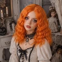 Peruca Feminina Laranja de Comprimento Médio Ondulada, Cabelo Sintético de Fibra Solto e Encaracolado na Altura dos Ombros, Linha de Cabelo Natural, Peruca de Cosplay Resistente ao Calor, Adequada para Festa de Halloween, Bruxa, Cosplay e Festival - Multicolorido - Visão 2