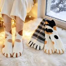 5 Pairs Women's Thick Warm Cat Paw Pattern Socks, Comfortable Breathable Coral Stripe Cute Design Floor Socks, Suitable For Cold Weather - Crew Socks - View 6