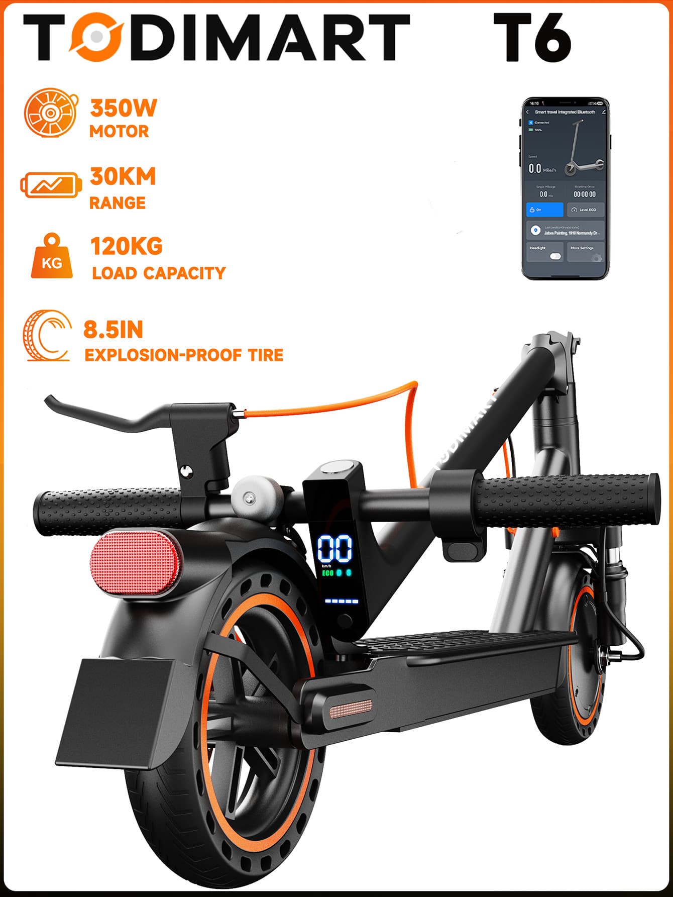 Todimart E10 Electric Scooter For Adults, 350W Motor, 36V18.2Ah Battery, 8.5" Solid Rubber Tires, Maximum Range 35 Km, High-Strength Aluminum Housing, Intelligent LED Display And App Control. - 黑色 - 查看 1