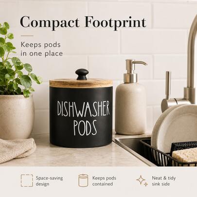 Rustic Farmhouse Dishwasher Pods Container With Natural Wood Lid, Black Metal Laundry Detergent Storage Jar For Kitchen Countertop Organization, Modern Vintage Decor, Ideal Housewarming & Father's Day Gift For Men