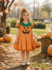 Halloween Girls Toddler Autumn/Winter Pumpkin Head Ghost Face Print Cartoon Cute Heart Ruffle Hem Short Sleeve Dress, Fashion Holiday Party Gift Photo Outfit - Orange - View 8