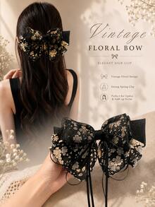 topshiny Black Floral Chiffon Bow Snap Hair Clip With Long Ribbon Tail, Elegant Chiffon Bow French Style Hair Clip, Ponytail Hair Accessory For Women - Black - View 6