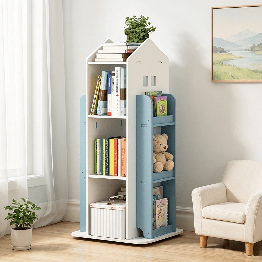 Free Standing Kids Rotating Bookshelf Castle Rack Display Bookcase Toys Storage Book Shelf For Living Room, Bedroom, Bookroom - Blue - View 1