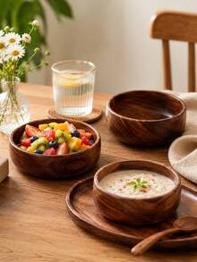 Walnut Wooden Bowls, Round Serving Bowls For Fruit Salad Dessert, Home Kitchen Food Storage Dinner Tableware - Multicolor - View 4