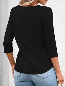 3pcs Solid Color Women's Knitted Round Neck T-Shirt, Hollow Patchwork Detail, 3/4 Sleeve Spring/Autumn Top - Black + Reddish-brown + Peacock Blue - View 2