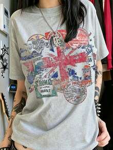 Vintage Union Jack Stamp Collage Oversized Tee, 100% Cotton Breathable, Street Style Casual Wear, Great Gift For Travel & Retro Fashion Lovers - 灰色1 - 查看 7
