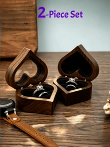 Wooden Jewelry Box, Black Walnut Engagement Ring, Necklace, Earring Storage Box, Vintage - Heart-shaped - White Lining - With Window - View 17