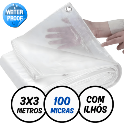 Lona Impermeável 3 x 3 Metros Transparente 100 Micras com Ilhós Reforçados
