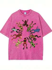 Summer Tops, Washed Cotton, Dancing Frog Feast Print T-Shirt, High-Quality Batik Cotton Vintage Fashion Brand T-Shirt, Unisex T-Shirt, Popular Daily W - RE01 - 查看 1