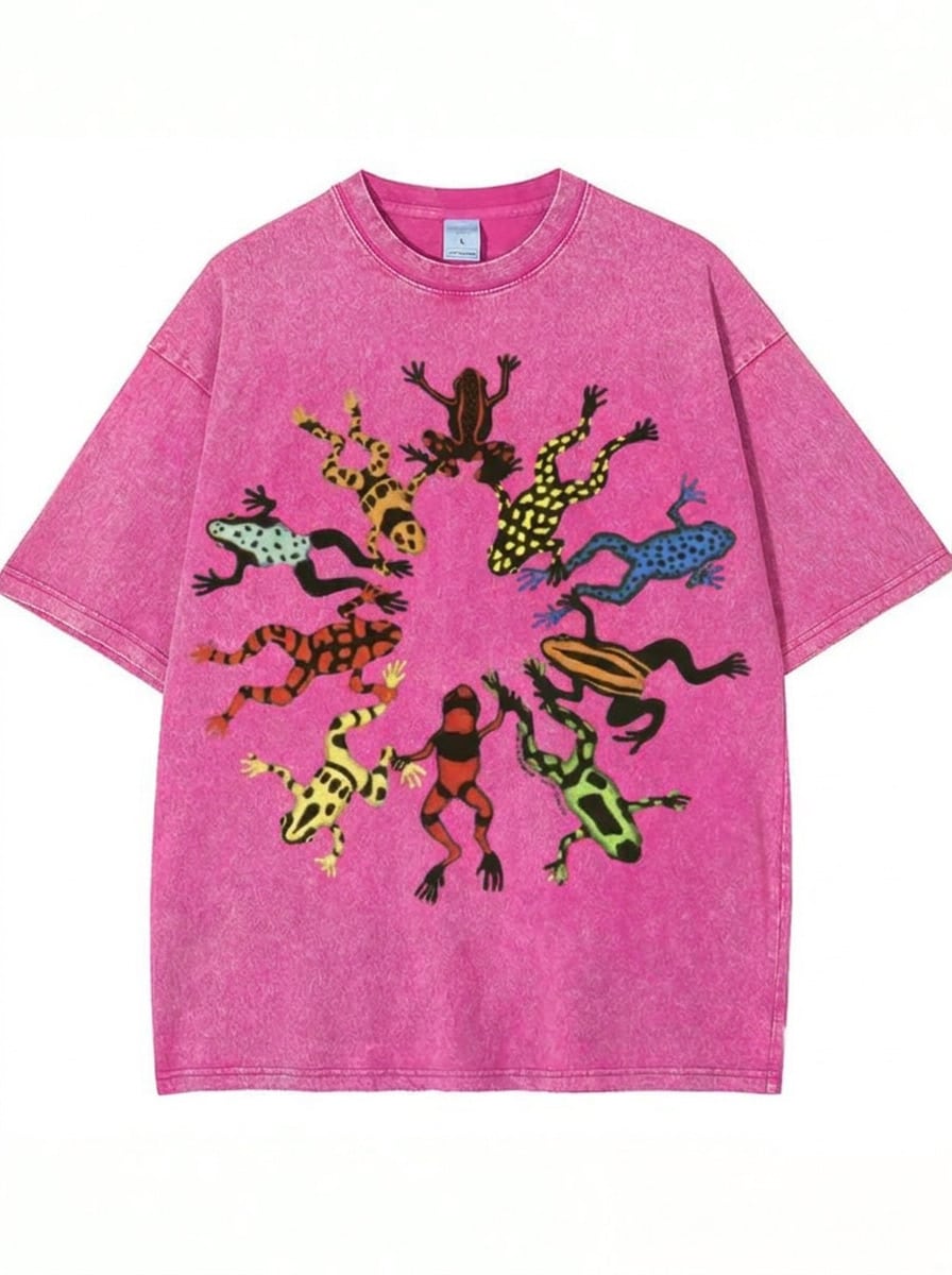 Summer Tops, Washed Cotton, Dancing Frog Feast Print T-Shirt, High-Quality Batik Cotton Vintage Fashion Brand T-Shirt, Unisex T-Shirt, Popular Daily W - RE01 - 查看 1