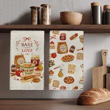 2件裝烘焙主題「BAKE WITH LOVE」圖案廚房抹布，40*60cm 柔軟超細纖維材質茶巾，適用於居家廚房、餐廳、戶外露營桌面清潔，洗碗布手巾配件，鄉村風廚房節日禮物 - 彩色 - 查看 1