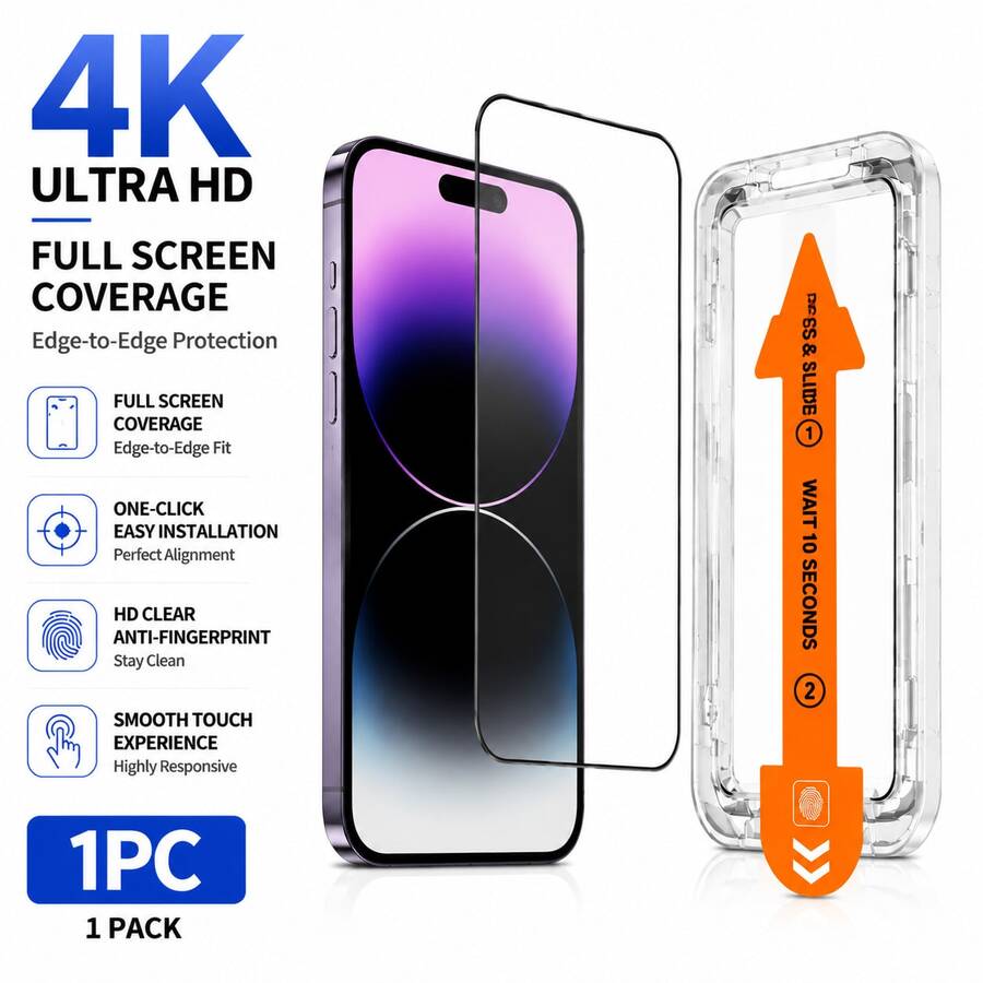 CASECOPS 1pc Full Coverage High Definition Transparent Tempered Glass Screen Protector, With Auto-Alignment Installation Tool, Dust-Free And Bubble-Free, Anti-Fingerprint, Anti-Drop And Anti-Shatter, Compatible With IPhone 18 Pro/18 Pro Max/17/16/15/14/13/12/11 Series, Suitable For Daily, Office And Home Use, Compatible With Phone Cases - 1 Piece - View 1