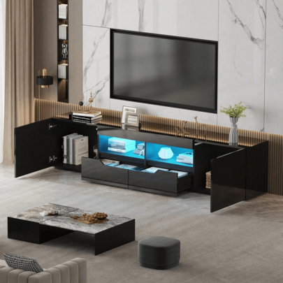 JMYXF High Gloss 200CM TV Cabinet With 16 LED Lights – Modern TV Stand Unit Up To 65–85 Inch TVs, Handleless TV Stand Cabinet With 2 Storage Drawers & Cupboards For Living Room, Entertainment Unit