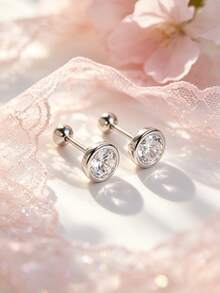 1 Pair 925 Sterling Silver Hypoallergenic Cubic Zirconia Stud Earrings, Cute And Playful Design, Sparkling Cubic Zirconia Inlaid, Spiral Ear Backs Secure Fit, Exquisite And Adorable, Gift Box Included, Suitable For Daily Or Holiday Wear, Gift For Girls, Gift For Girl, Gift For Friends, Gift For Back To School, Holiday Gift - one-size - View 3