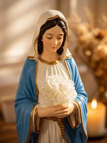 1 pezzo Statuetta della Vergine Maria, piccola figurina, scultura decorativa religiosa cattolica con dettagli di rose, decorazione cristiana, adatta per scaffale, scrivania, soggiorno, camera da letto - Stili multipli - Visualizzare 3