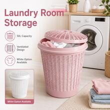 50L Laundry Basket With Lid, Clothes Storage Hamper For Bedroom Bathroom Laundry Room, White Or Pink - View 1
