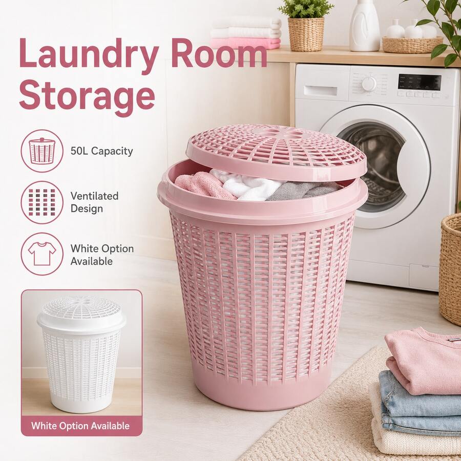 50L Laundry Basket With Lid, Clothes Storage Hamper For Bedroom Bathroom Laundry Room, White Or Pink - View 1