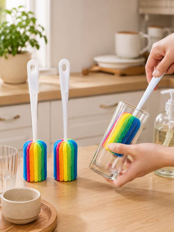 4 pièces Brosse à tasse créative multicolore à long manche en éponge, brosse à bouteille, brosse de nettoyage sans angle mort, brosse en éponge multifonction